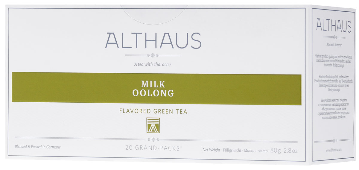 Althaus Grand Pack Milk Oolong чай улун в пакетиках, 20 штTALTHB-GP0046 Althaus Grand Pack Milk Oolong чай улун в пакетиках, 20 штTALTHB-GP0046Althaus Milk Oolong (Молочный Улун) - уникальный китайский улун с глубоким вкусом и карамельно-молочным ароматом. Grand Pack - современная концепция заваривания листового чая в запечатанных чайных фильтрах большего размера. Листья при заварке полностью раскрывают свой вкус и аромат.