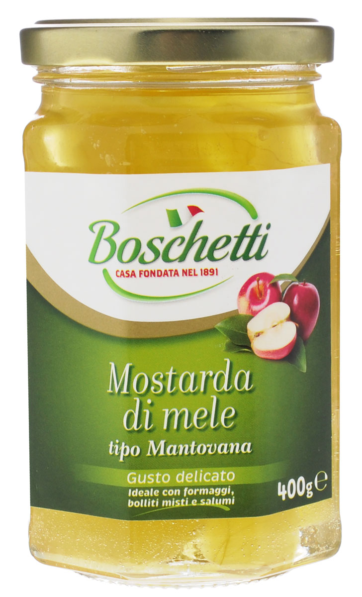 Boschetti Мантована горчица яблочная, 400 гM#0007AB Boschetti Мантована горчица яблочная, 400 гM#0007ABСоус из яблок с горчицей Boschetti имеет нежную текстуру и идеально сочетается с блюдами из мяса и птицы. Также прекрасно подойдет для приготовления заправок для салатов и для приготовления маринадов. Состав: яблоки и цукаты, сироп глюкозы-фруктозы, сахар, вода, натуральный ароматизатор горчицы, регулятор кислотности (лимонная кислота).