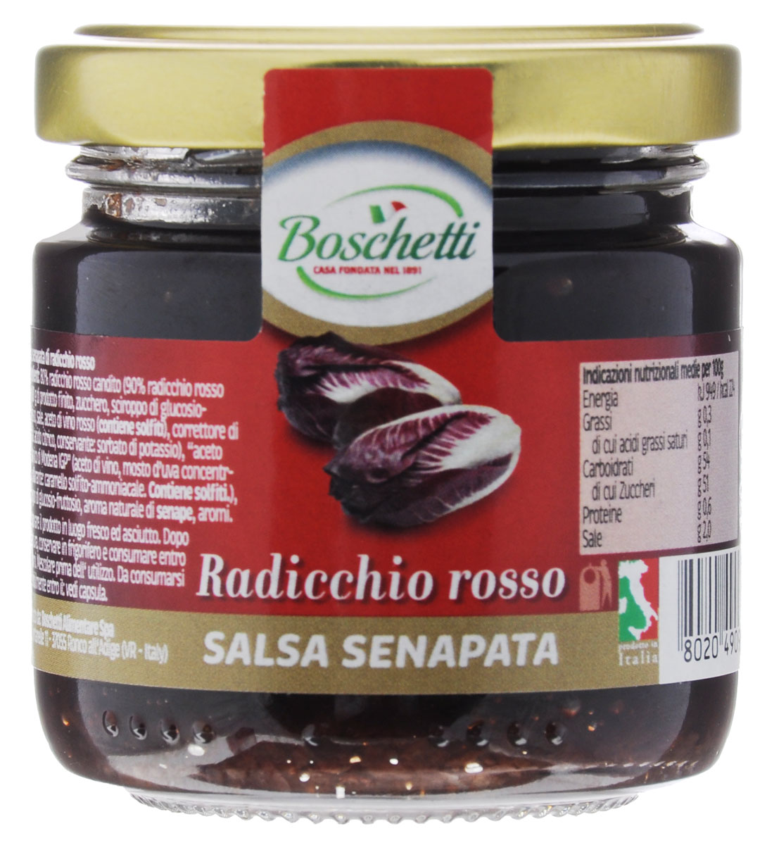 Boschetti Radicchio rosso соус сальса, 120 гSP#RA35AY Boschetti Radicchio rosso соус сальса, 120 гSP#RA35AYСоус сальса Boschetti Radicchio rosso из цикория с нежной желеобразной текстурой и обладает мягким вкусом с легкой горчинкой и сладким послевкусием. Идеально подходит для блюд из мяса и птицы. Некоторые любят в сочетании с фуа-гра. Состав: паста красного цикория с сахаром 80% (90% красного цикория на 100 г готового продукта: сахар, сироп глюкозы-фруктозы, соль, уксус из красного вина (содержит сульфиты), регулятор кислотности (лимонная кислота), консервант (сорбит натрия), бальзамический уксус ди Модена (винный уксус, сусло виноградное концентрированное, колорант (карамель), аммиачный сульфит), сироп глюкозы-фруктозы, натуральный ароматизатор горчица, ароматизаторы.