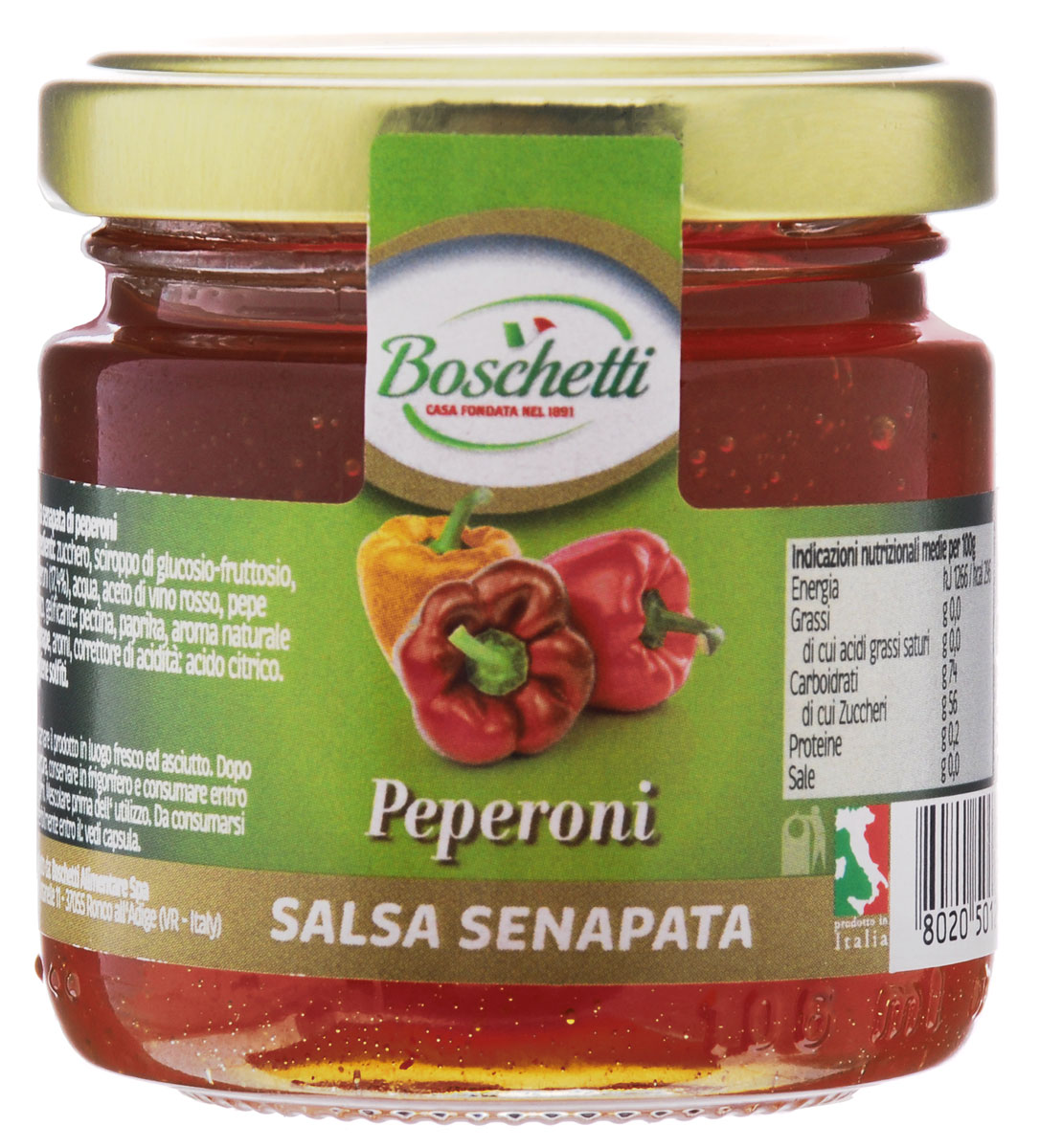 Boschetti Peperoni соус сальса, 120 гSP#3835AY Boschetti Peperoni соус сальса, 120 гSP#3835AYКлассический овощной соус Boschetti. Сальсу часто подают в качестве дипа и для добавления к разнообразным блюдам — как овощным, так и мясным. Состав: cахар, сироп глюкозы-фруктозы, перец (17,4%), вода, уксус из красного вина, перец белый, пектин, паприка, натуральный ароматизатор горчица, ароматизаторы, регулятор кислотности (лимонная кислота). Содержит сульфиты.
