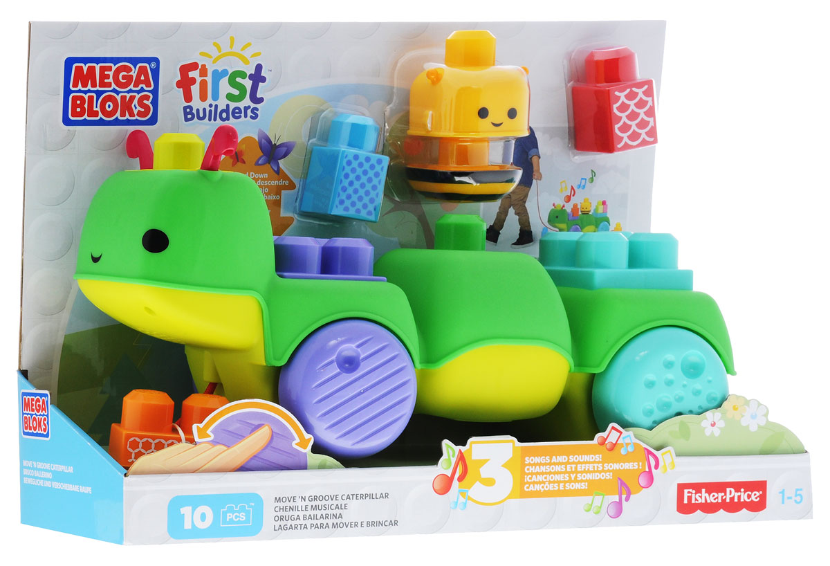 Mega Bloks First Builders Конструктор Веселая гусеницаCNG22 Mega Bloks First Builders Конструктор Веселая гусеницаCNG22Конструктор Mega Bloks Веселая гусеница надолго увлечет вашего малыша. Если потянуть гусеницу на колесиках вперед, начнет играть музыка, а на спине гусеницы будут появляться строительные пластины. Игры с конструктором способствуют развитию зрительных, слуховых и тактильных способностей вашего ребенка. Особенности: функция включения/выключения звука, удобен для маленьких детских рук, изготовлен из пластика высокого качества, совместим с другими наборами серии First Builders. Рекомендуется докупить 2 батарейки типа АА (товар комплектуется демонстрационными).