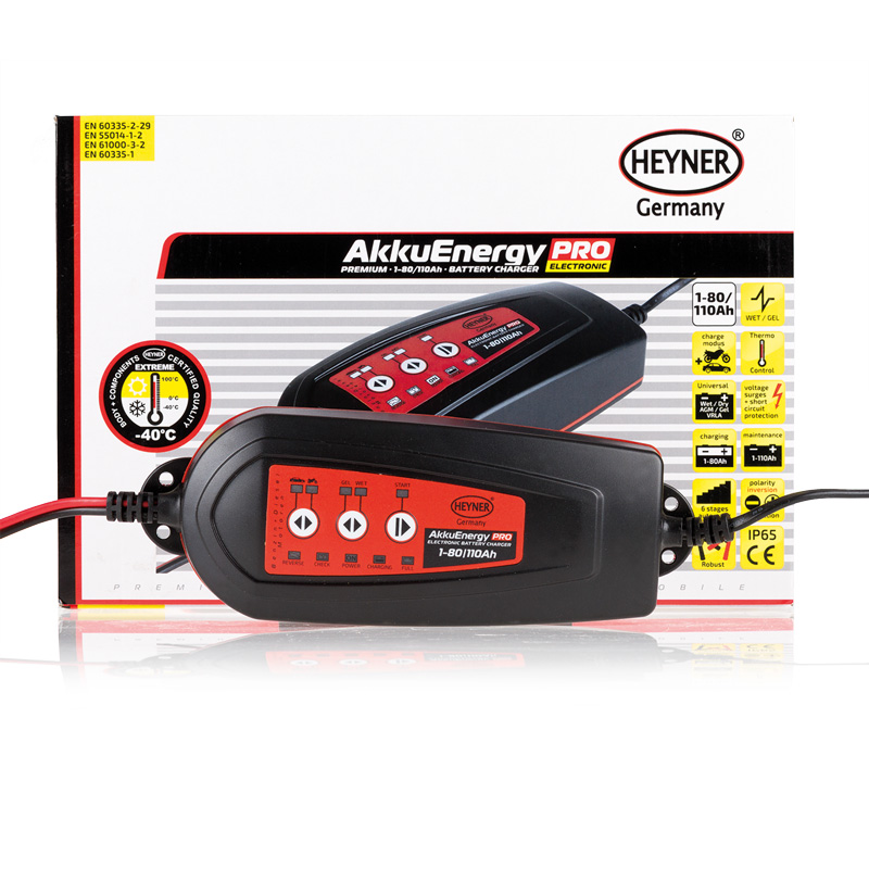Мобильное зарядное устройство Heyner AkkuEnergy PRO для АКБ 1-80 Ah 12V927080 Мобильное зарядное устройство Heyner AkkuEnergy PRO для АКБ 1-80 Ah 12V927080Мобильное зарядное устройство AkkuEnergy PRO для кислотных АКБ 1-80 Ah. Процесс зарядки управляется микропроцессором. 6 ступенчатый процеc зарядки. Поддерживает АКБ емкостью от 1-110 Ah в рабочем состоянии в преиод когда АКБ находится на хранении. Ток зарядки импульсный. Защита от обратной полярности, короткого замыкания прегрева и импульсных перенапряжений. Копус изготовлен из прочного пластика (IP65)