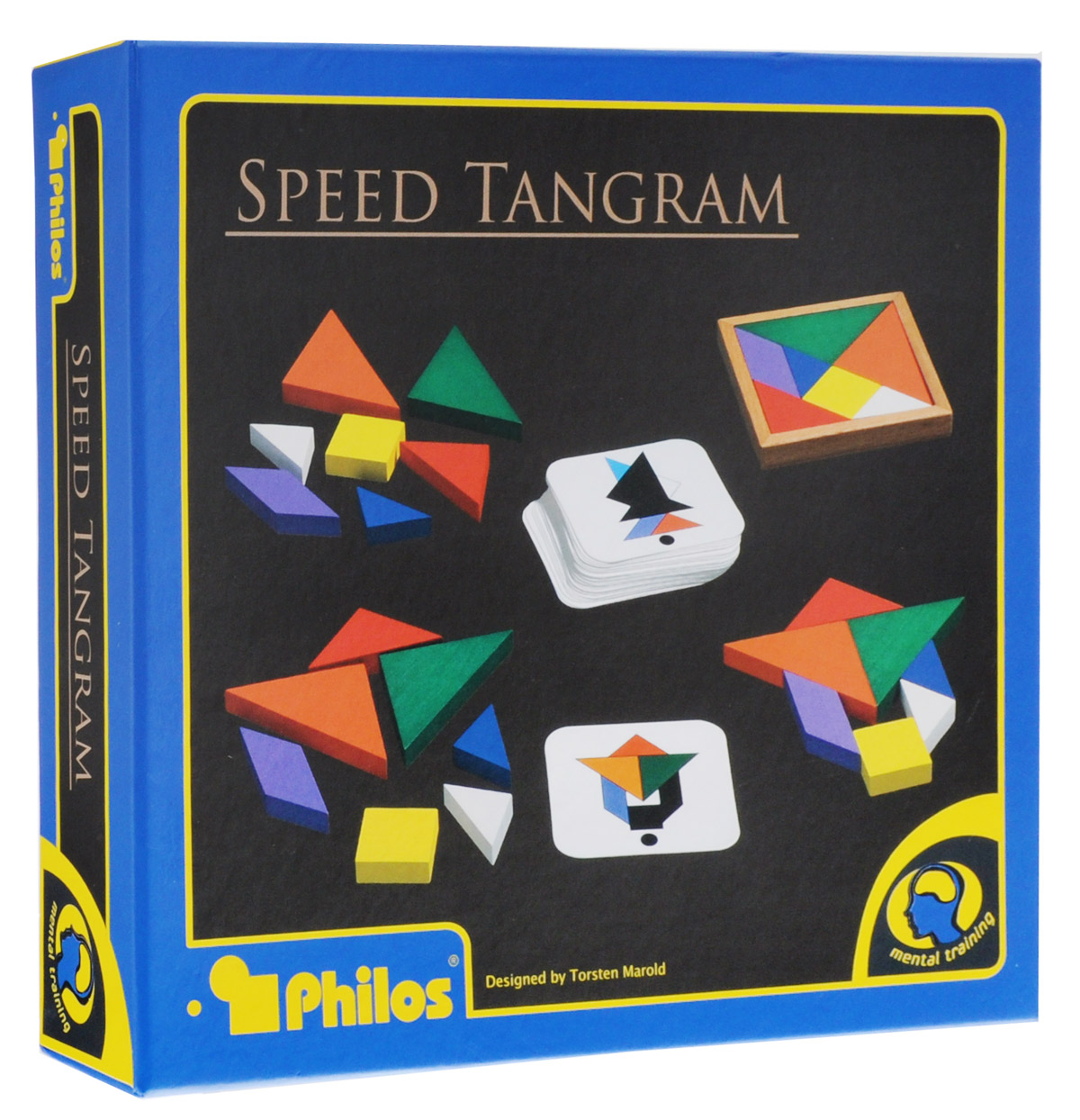 Philos Настольная игра Скоростной танграм3521 Philos Настольная игра Скоростной танграм3521Задача игроков - стать первым, кто составит фигуру, изображенную на карте своего набора танграма. Фигура, которую необходимо получить, как правило, задается в виде силуэта или внешнего контура. При решении головоломки требуется соблюдать два условия: первое - необходимо использовать все семь фигур танграма, и второе - фигуры не должны перекрывать друг друга. В игре предусмотрено 30 заданий с различными уровнями сложности. Настольная игра Philos Скоростной танграм рассчитана на 2-4 игроков в возрасте от 6 лет. Среднее время игры - от 15 минут.