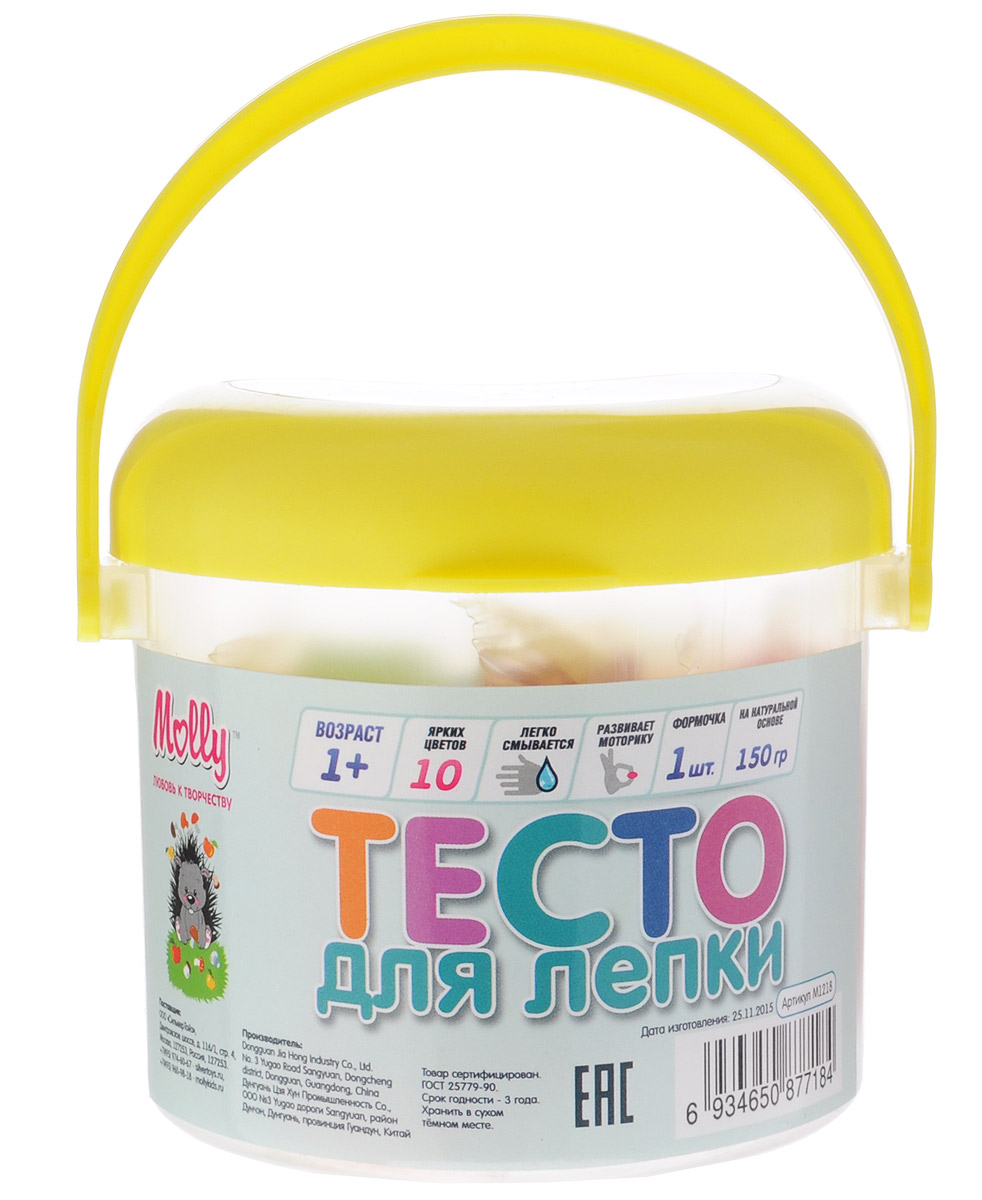 Molly Масса для лепки 10 цветов с формочкой цвет желтыйM1218_желтый Molly Масса для лепки 10 цветов с формочкой цвет желтыйM1218_желтыйРазноцветное тесто для лепки Molly прекрасно подходит для обучения детей азам лепки. Тесто пластично, приятно на ощупь и долговечно. Преимущественным отличием теста для лепки Молли является то, что оно не пачкает руки и одежду, легко снимается с поверхности, не окрашивает, может использоваться многократно при условии правильного хранения, безопасно для самых маленьких. Тесто разных цветов хорошо смешивается между собой, благодаря чему можно создавать бесконечное множество оттенков. Натуральные компоненты в составе теста делают его абсолютно безопасным. Тесто не вызывает аллергии, его легко снимать с поверхностей. В наборе одна резная формочка и 10 цветов теста в индивидуальных упаковках. Готовые изделия из теста можно украшать бусинами, крупами, семечками, разукрашивать маркерами. Творческие занятия с тестом для лепки развивают мелкую моторику рук, воображение, логику, умение концентрироваться. Маленькие дети от года могут просто раскатывать тесто ладошками,...