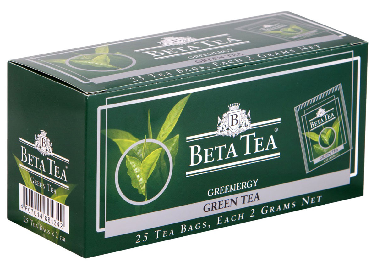 Beta Tea зеленый чай в пакетиках, 25 шт4607014861342 Beta Tea зеленый чай в пакетиках, 25 шт4607014861342Благодаря своим целебным свойствам зеленый чай Beta Tea занимает особое место в ассортименте компании. Основная задача при производстве этого сорта состоит в том, чтобы сохранить лечебные природные биологически активные вещества свежих листьев таким образом, чтобы они смогли высвободиться во время заваривания.