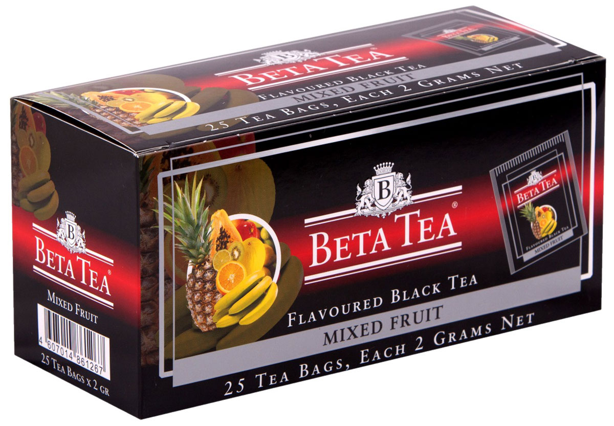 Beta Tea Мультифруктовый чай в пакетиках, 25 шт4607014861267 Beta Tea Мультифруктовый чай в пакетиках, 25 шт4607014861267Бета Мультифрукт с неповторимым вкусом в сочетании с фруктовым ароматом доставит удовольствие всем любителям чая. В его состав входит смесь лучших сортов из Индии, Цейлона и Кении.