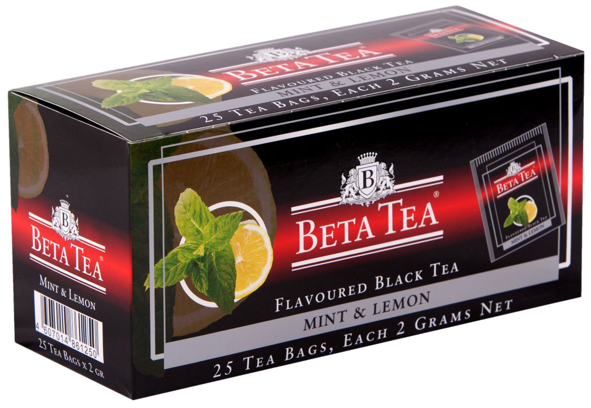 Beta Tea Мята и лимон ароматизированный чай в пакетиках, 25 шт4607014861250 Beta Tea Мята и лимон ароматизированный чай в пакетиках, 25 шт4607014861250Ароматизированный черный чай Бета Мята и лимон с терпким и изысканным вкусом. В его состав входит смесь лучших сортов из Индии, Цейлона и Кении.