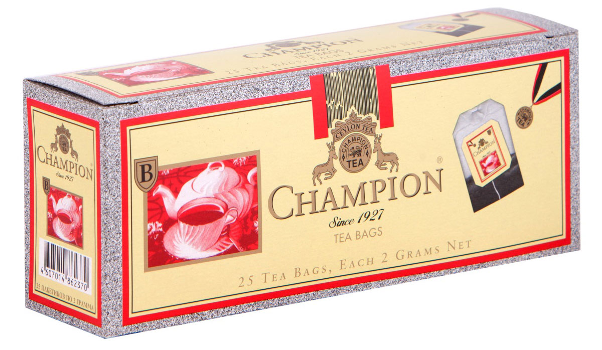 Champion черный листовой чай в пакетиках, 25 шт4607014862370 Champion черный листовой чай в пакетиках, 25 шт4607014862370Чай Чемпион с богатым вкусом, дает возможность любителям оценить настоящий вкус напитка. В его состав входит смесь лучших сортов из Индии, Цейлона и Кении.