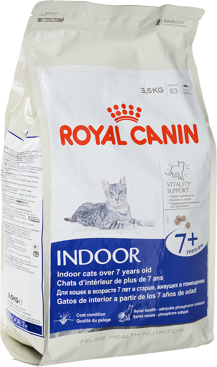 Корм сухой Royal Canin Indoor 7+, для кошек в возрасте от 7 до 12 лет, живущих в помещении, 3,5 кг44439 Корм сухой Royal Canin Indoor 7+, для кошек в возрасте от 7 до 12 лет, живущих в помещении, 3,5 кг44439Корм сухой Royal Canin Indoor +7 - полнорационное питание для пожилых кошек с 7 до 12 лет, постоянно проживающих в помещении. Для поддержания жизненных сил стареющей кошки. Корм Indoor 7+ помогает сохранять молодость кошки благодаря запатентованному комплексу витаминов и питательных веществ с антиоксидантными свойствами и полифенолам зеленого чая и винограда. Хондропротекторные вещества и незаменимые жирные кислоты EPA и DHA, содержащиеся в этом корме, поддерживают здоровье суставов кошки. Красота и блеск шерсти кошки: улучшает блеск шерсти и здоровье кожи благодаря присутствию в корме активных питательных веществ, в том числе витаминов А и В, незаменимых жирных кислот, микроэлементов в хелатной форме, масла огуречника аптечного (богатого гамма-линоленовой кислотой) и рыбьего жира (источника жирных кислот Омега 3). Обеспечение здоровья почек - адекватное содержание фосфора: адаптированный уровень фосфора (0,79%) ...
