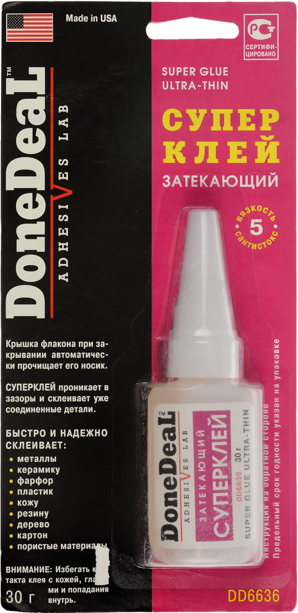 Суперклей Done Deal, затекающий, 30 гDD 6636 Суперклей Done Deal, затекающий, 30 гDD 6636Затекающий цианакрилатовый суперклей Done Deal предназначен для быстрого и надежного склеивания различных материалов и обладает высочайшей текучестью, смачиваемостью и адгезией. Суперклей проникает в зазоры и склеивает уже соединенные детали. Выдерживает воздействие высоких температур и большинства агрессивных жидкостей. В крышку флакона вмонтирована стальная иголка, которая при закрывании автоматически прочищает носик флакона и предотвращает застывание в нем клея. Быстро и надежно склеивает: металлы, керамику, пластик, резину, фарфор, кожу, дерево, картон, пористые материалы. Термоустойчивость: от -50°С до +95°С. Прочность соединения: 204 кг/см2. Время схватывания: 30 сек. Время отвердевания: 2 мин. Время полной полимеризации: 24 ч.