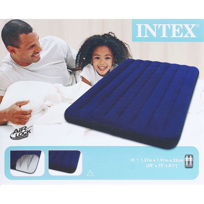 Матрас надувной Intex Classic Downy Full 137х191х22 см, цвет: синий. 68758533059 Матрас надувной Intex Classic Downy Full 137х191х22 см, цвет: синий. 68758533059Матрас надувной Classic Downy Full имеет привлекательный темно-синий цвет. Особенность матраса - наилучшее соотношение цена-качество. При минимальной стоимости изделия вы получаете комфортную дополнительную кровать для дома и прочный матрас для туризма. Флокированное (велюровое) покрытие не позволит скользить простыне. Внутреннее устройство матраса представляет собой оболочку с перегородками для плавного перетекания воздуха. Материал надувного матраса - прочный высококачественный и водонепроницаемый винил. Матрас оснащен клапанами 2 в одном, позволяющими быстро спустить или накачать воздух, используя любой насос фирмы Intex. Насос не входит в комплектацию. Матрас можно использовать как дома, так и в путешествиях. При покупке данной модели вы получите качественный отдых и сон для вас и ваших гостей! Матрас надувной Classic Downy Full 137х191х22 см