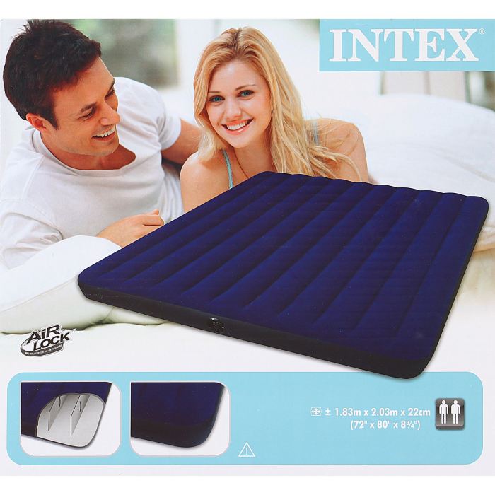 Матрас надувной Intex Classic Downy King 183х203х22 см, цвет: синий. 68755589409 Матрас надувной Intex Classic Downy King 183х203х22 см, цвет: синий. 68755589409Матрас надувной Classic Downy King имеет привлекательный темно-синий цвет. Особенность матраса - наилучшее соотношение цена-качество. При минимальной стоимости изделия вы получаете комфортную дополнительную кровать для дома и прочный матрас для туризма. Флокированное (велюровое) покрытие не позволит скользить простыне. Внутреннее устройство матраса представляет собой оболочку с перегородками для плавного перетекания воздуха. Материал надувного матраса - прочный высококачественный и водонепроницаемый винил. Матрас оснащен клапанами 2 в одном, позволяющими быстро спустить или накачать воздух, используя любой насос фирмы Intex. Насос не входит в комплектацию. Матрас можно использовать как дома, так и в путешествиях. При покупке данной модели вы получите качественный отдых и сон для вас и ваших гостей! Матрас надувной Classic Downy King 183х203х22 см