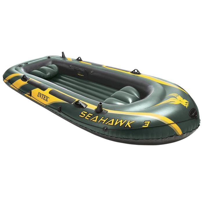 Лодка Intex Seahawk 3, цвет: зеленый. 68349NP589436 Лодка Intex Seahawk 3, цвет: зеленый. 68349NP589436Лодка Intex состоит из абсолютно независимых трех воздушных отсеков. Каждый отсек имеет клапан для быстрого скачивания и надувания лодки. Основной, внешний отсек придает лодке форму. Внутренние отсеки создают жесткость лодки на плаву и обеспечивают пассивную безопасность, в случае повреждения основного отсека. Надувной пол обеспечивает дополнительный комфорт нахождения внутри изделия. Для удобства конструкция надувного пола сделана волнистой, поперек бортам лодки. Лодка имеет крепления для весел и две лодочные уключины. На носу имеется пластиковая ручка, для переноса лодки или спуска на воду. Вокруг внешней камеры лодки находится веревочный трос, его можно использовать как для буксировки лодки, так и для швартования. Лодка Seahawk 3 трехместная до 300 кг 295х137х43 см (в комплекте сиденье)