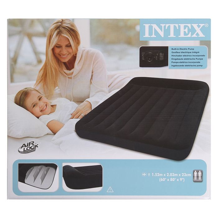 Матрас надувной Intex Classic Queen 152x203x23 см, цвет: черный. 66781694907 Матрас надувной Intex Classic Queen 152x203x23 см, цвет: черный. 66781694907Матрас надувной с подголовником Classic Queen 152x203x23 см, со встроенным насосом 220V изготовлен из высококачественного водонепроницаемого винила темно-синего цвета. Верхняя часть матраса имеет флокированное покрытие, по своим характеристикам напоминающее велюр, мягкое и приятное на ощупь. В комплекте: сумка для хранения и переноски, инструкция на русском языке. Встроенный электронасос позволяет надуть кровать всего за 1,5 минуты. Матрас надувной с подголовником Classic Queen 152x203x23 см,с вст.насосом 220V