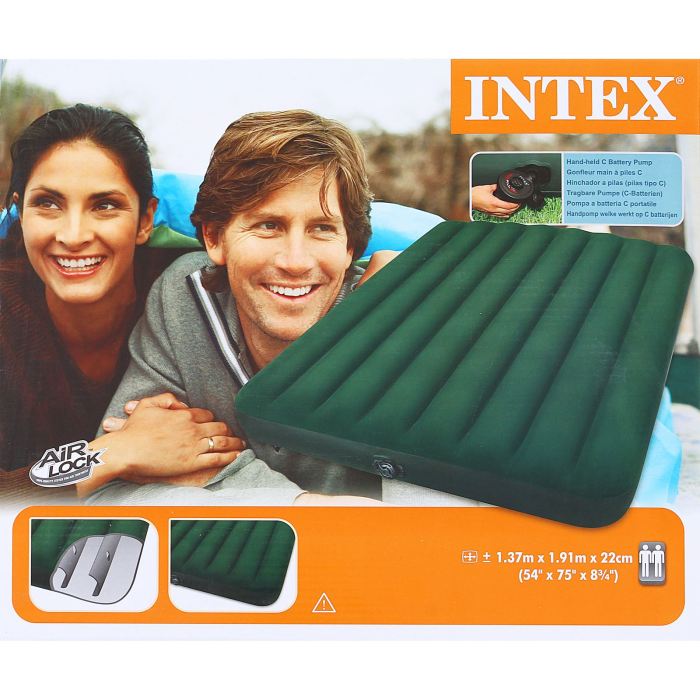 Матраc надувной Intex Prestige Downy Full 137х191х22 см, цвет: зеленый. 66968720688 Матраc надувной Intex Prestige Downy Full 137х191х22 см, цвет: зеленый. 66968720688Надувной матрас Prestige Downy Full — идеальный вариант для поездок на природу и приема гостей. Спальное место в сложенном виде имеет компактный размер, что позволяет брать его с собой куда угодно и удобно хранить дома. Матрас оснащен встроенным насосом на батарейках. Для установки достаточно разложить его, вставить насос и нажать кнопку. Изделие приобретет нужную форму за 2,5 минуты. Мягкая флокированная поверхность не даст вам соскользнуть или упасть. Размер матраса подойдет для комфортного сна двух человек. Матраc надувной Prestige Downy Full 137х191х22 см, насос на батарейках (6 С)