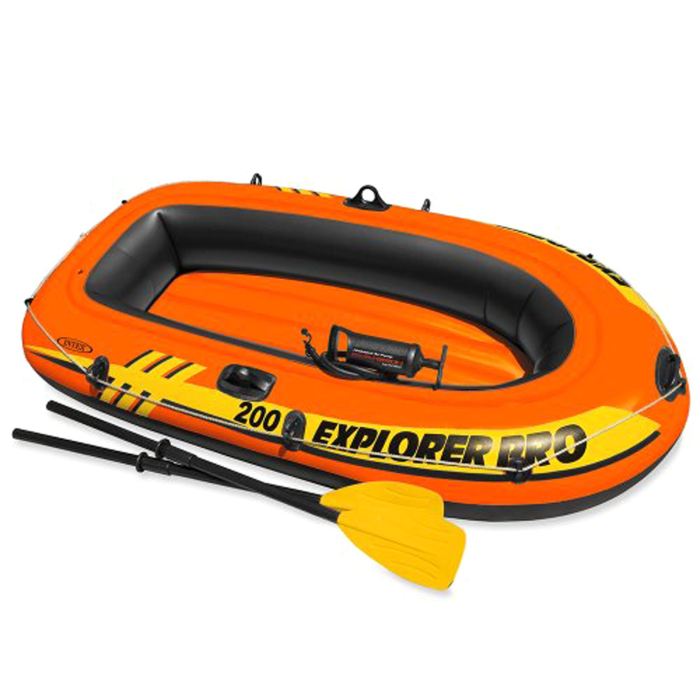 Лодка Intex Explorer Pro 200, цвет: оранжевый. 58357NP747930 Лодка Intex Explorer Pro 200, цвет: оранжевый. 58357NP747930Лодка Intex состоит из абсолютно независимых трех воздушных отсеков. Каждый отсек имеет клапан для быстрого скачивания и надувания лодки. Основной, внешний отсек придает лодке форму. Внутренние отсеки создают жесткость лодки на плаву и обеспечивают пассивную безопасность, в случае повреждения основного отсека. Надувной пол обеспечивает дополнительный комфорт нахождения внутри изделия. Для удобства конструкция надувного пола сделана волнистой, поперек бортам лодки. Лодка имеет крепления для весел и две лодочные уключины. На носу имеется пластиковая ручка, для переноса лодки или спуска на воду. Вокруг внешней камеры лодки находится веревочный трос, его можно использовать как для буксировки лодки, так и для швартования. Лодка Explorer Pro 200 двухместная до 120 кг 196х102х33 см, от 6 лет (весла, насос)