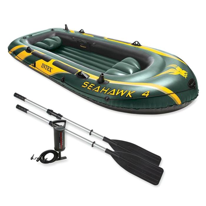 Лодка Intex Seahawk 4, цвет: зеленый. 68351NP747933 Лодка Intex Seahawk 4, цвет: зеленый. 68351NP747933Лодка Intex состоит из абсолютно независимых трех воздушных отсеков. Каждый отсек имеет клапан для быстрого скачивания и надувания лодки. Основной, внешний отсек придает лодке форму. Внутренние отсеки создают жесткость лодки на плаву и обеспечивают пассивную безопасность, в случае повреждения основного отсека. Надувной пол обеспечивает дополнительный комфорт нахождения внутри изделия. Для удобства конструкция надувного пола сделана волнистой, поперек бортам лодки. Лодка имеет крепления для весел и две лодочные уключины. На носу имеется пластиковая ручка, для переноса лодки или спуска на воду. Вокруг внешней камеры лодки находится веревочный трос, его можно использовать как для буксировки лодки, так и для швартования. Лодка Seahawk 4 четырехместная до 400 кг 351х145х48 см (в комплекте: весла, насос)