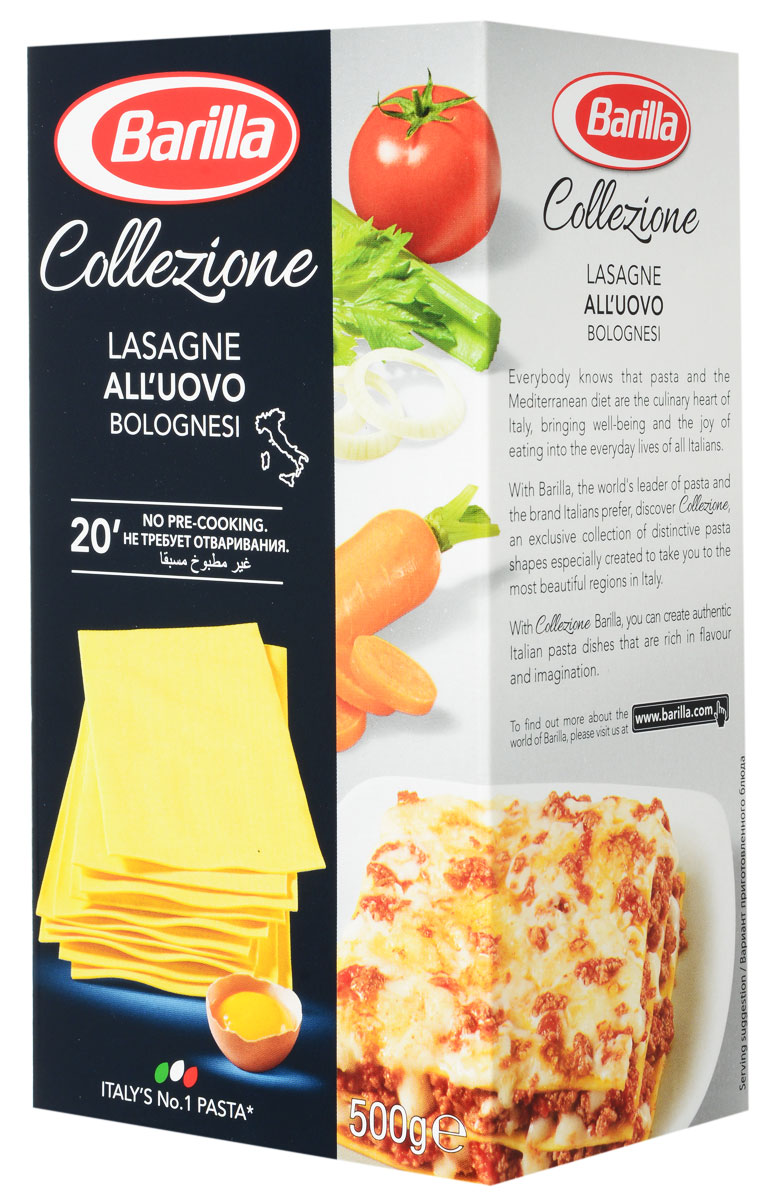 Barilla Lasagne Alluovo Bolognesi лазанья яичная, 500 г8076800376999 Barilla Lasagne Alluovo Bolognesi лазанья яичная, 500 г8076800376999Прямоугольные листы Лазаньи нарезаются из теста, раскатанного так тонко, что его текстура позволяет соусу равномерно распределиться по всей поверхности и в полной мере раскрыть вкус всех его ингредиентов. Болонья - город на севере Италии, который славится своим гостеприимством и разнообразием кулинарных традиций. Лазанья Болоньезе наилучшим образом отражает всю суть этого города и всю его страсть. Способ приготовления: Не требует предварительного отваривания; Выложите листы лазаньи на противень, чередуя их с соусом; Запекайте в духовке 20 минут.