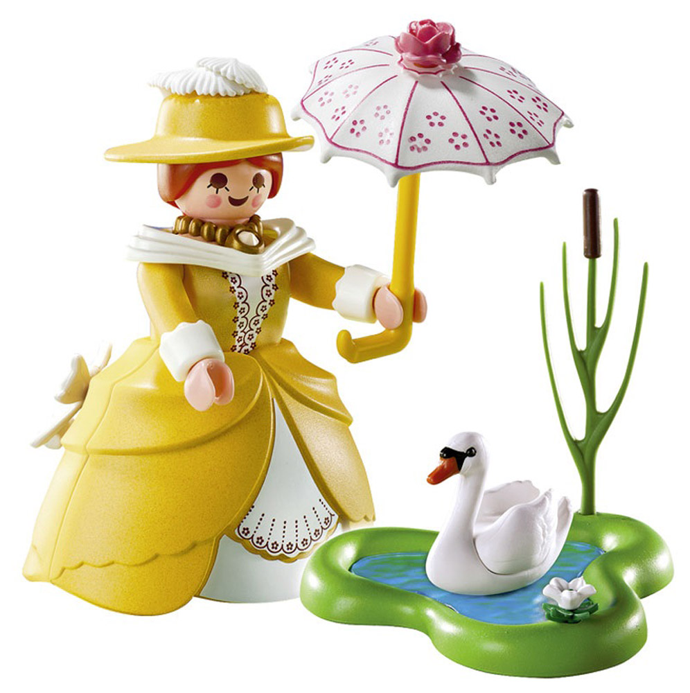 Playmobil Игровой набор Принцесса с прудом5410pm Playmobil Игровой набор Принцесса с прудом5410pmИгровой набор Playmobil Принцесса с прудом непременно приведет в восторг вашу малышку. В комплект входит фигурка принцессы, зонтик, фигурка лебедя и пруд. Элементы набора выполнены из прочного пластика ярких цветов и легко соединяются между собой. Руки и голова фигурки подвижны, а благодаря специальной форме ручек, она может держать различные небольшие предметы. Самое время после обеда сходить на пруд. Принцессы очень это любят. Зонтик прикроет от солнечных лучей, а на пруду будет плавать белоснежный лебедь. Игры с таким набором позволят ребенку весело провести время. А процесс сборки игрушки поможет малышке развить мелкую моторику, внимательность и усидчивость. Порадуйте свою малышку такой чудесной игрушкой!