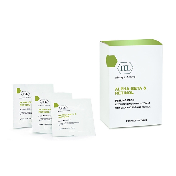 Holy Land Отшелушивающие салфетки Alpha-Beta and Retinol Peeling Pads, 24 шт111129 Holy Land Отшелушивающие салфетки Alpha-Beta and Retinol Peeling Pads, 24 шт111129Салфетки для проведения самостоятельного профессионального пилинга дома. Салфетки эффективно способствуют обновлению кожи благодаря наличию гликолевой кислоты, салициловой кислоты и ретинолу. Регулярное использование салфеток приводит к контролируемому процессу пилинга удаления старых клеток. Рекомендуется к использованию 2-4 раза в неделю, в зависимости от типа кожи и возраста.Преимущества:Высокая концентрация активных веществ.Точная дозировка препарата для каждого использования.Упаковка, позволяющая сохранить препарат на долгий период.Может использоваться в области плеч и спины. Результат: Ускорение процесса обновления клеток.Придает коже гладкость и улучшает структуру.Придает коже единый цвет, осветляет пятна.Сглаживает морщинки.Сглаживает и осветляет солнечную и возрастную пигментацию.Стимулирует выработку коллагена и эластина.Подготавливает кожу к впитыванию активных компонентов других косметических средств.Придает коже здоровый вид.