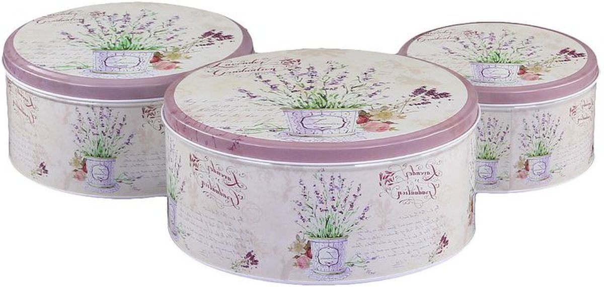 Набор банок для сыпучих продуктов Empire of Dishes Лаванда, 3 штIM99-4306 Набор банок для сыпучих продуктов Empire of Dishes Лаванда, 3 штIM99-4306Набор Empire of Dishes Лаванда состоит из 3 банок для сыпучих продуктов, выполненных из металла. Изделия, декорированные нежным рисунком, имеют круглую форму и оснащены крышками. Такие банки прекрасно подходят для хранения сахара, соли, круп, конфет, орехов, печенья и других сыпучих продуктов. Размер банок: 13,5 х 13,5 х 7 см; 17 х 17 х 8 см; 20 х 20 х 9 см.
