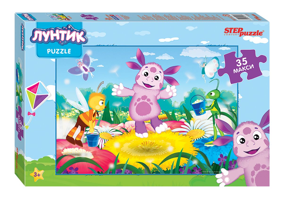 Step Puzzle Мозаика MAXI Лунтик91213 Step Puzzle Мозаика MAXI Лунтик91213Лунтик очаровательное инопланетное создание появился на Земле, упав с луны. Он поселился на лесной поляне, где нашел новых друзей кузнечика Кузю, озорных братьв-гусениц Вупсена и Пупсена, добродушную жабу Клаву, пескаря Иваныча…Собирайте пазлы и следите за новыми приключениями Лунтика.
