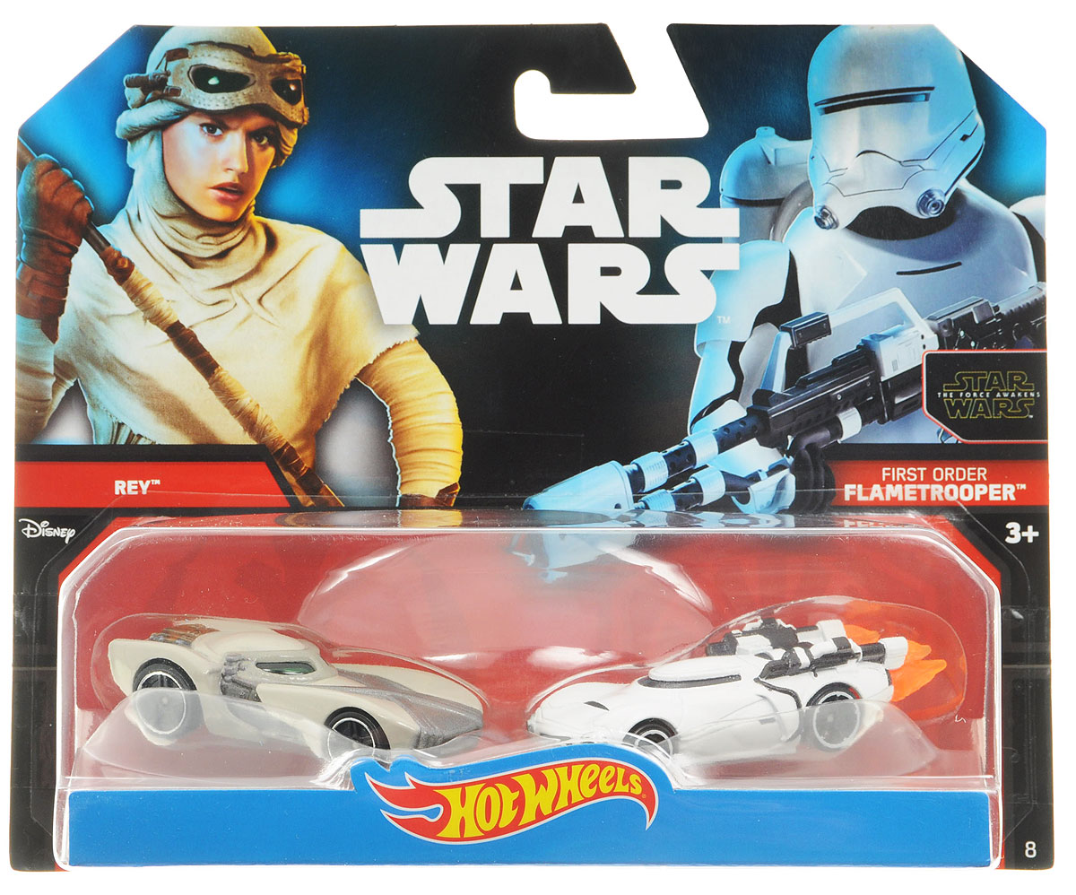 Hot Wheels Star Wars Набор машинок Rey и First Order FlametrooperCGX02_DJM01 Hot Wheels Star Wars Набор машинок Rey и First Order FlametrooperCGX02_DJM01Машинки Hot Wheels Rey и First Order Flametrooper непременно приведут в восторг вашего малыша. Игрушки изготовлены из высококачественного пластика с элементами из металла в стиле любимых персонажей легендарной саги Звездные воины. Колесики машинок вращаются. Ваш ребенок будет часами играть с этими машинками, придумывая различные истории. Порадуйте его таким замечательным подарком.