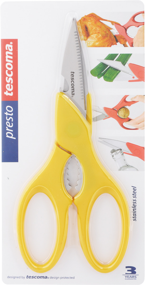 Ножницы Tescoma Presto, мультифункциональные, цвет: желтый, длина 22 см888225_желтый Ножницы Tescoma Presto, мультифункциональные, цвет: желтый, длина 22 см888225_желтыйНожницы Tescoma Presto, легкие и удобные в использовании, изготовлены из первоклассной нержавеющей стали. Ручки выполнены из прочной пластмассы. Мультифункциональные ножницы пригодны для разделки птицы, обработки овощей, резки бумаги, текстиля, колки орехов, открывания бутылок. Общая длина ножниц: 22 см. Длина лезвия: 8,5 см