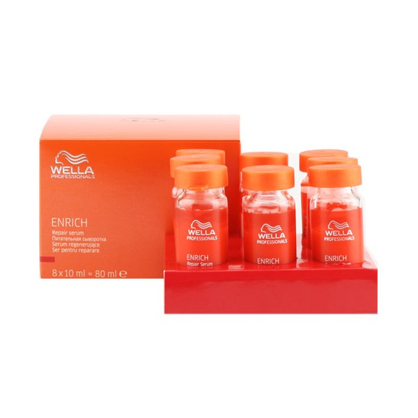 Wella Питательная сыворотка Enrich Line, 8x10 мл81237670 Wella Питательная сыворотка Enrich Line, 8x10 мл81237670Питательная сыворотка от Wella это, пожалуй, одно из самых лучших средств для восстановления волос, которое создает на их поверхности защитную пленку, восстанавливает гидролипидную оболочку каждого волоса и придает им дополнительный объем. Сыворотка повышает эластичность волос, возвращает им красоту и силу, а также восстанавливает структуру. Препарат отлично подходит для ежедневного применения, обеспечивая волосам нежный уход и стимулируя их регенерацию. В результате поврежденные волосы постепенно восстанавливаются, они становятся блестящими, здоровыми и мягкими. В состав средства входят такие компоненты, как: кератин, экстракт шелка, пантенол, витамин Е, эксклюзивная салонная формула.