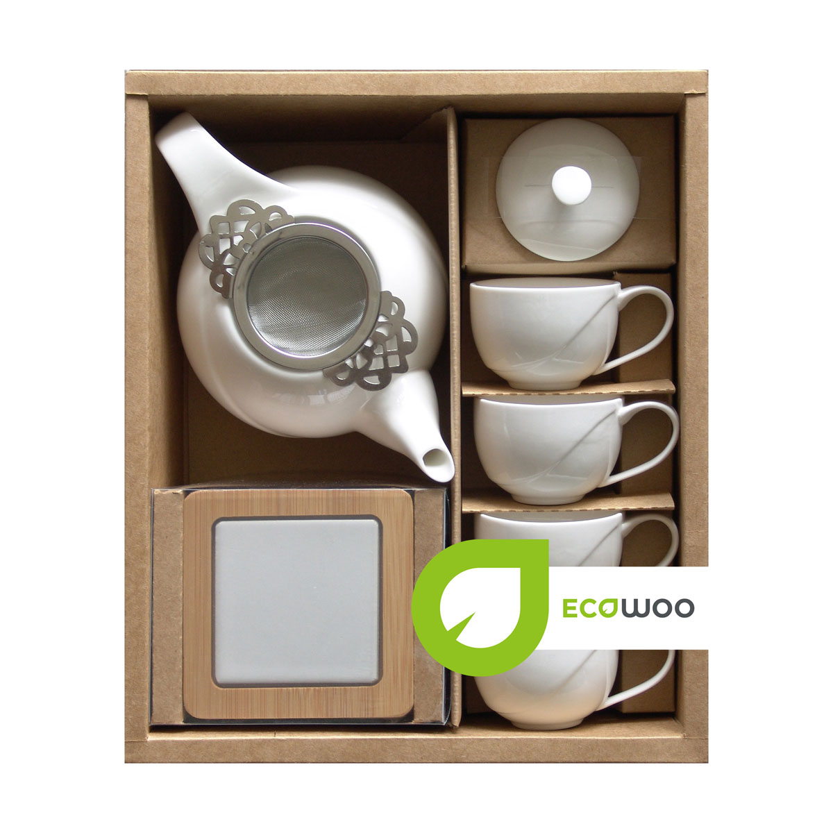 Набор для чая EcoWoo, 9 предметов. 2012246U2012246U Набор для чая EcoWoo, 9 предметов. 2012246U2012246UНабор чайный на 4 персоны EcoWoo - это не только идеальный подарок, но и прекрасный повод побаловать себя! Состав набора: чайник заварочный 600 мл, с фильтром из нержавеющей стали, 4 чашки, 75 мл, 4 бамбуковые подставки D10 см. Материал: фарфор, бамбук, нержавеющая сталь. Не использовать в посудомоечной машине. Упаковка: ПВХ-коробка в крафт-основе. Цвет: белый. Идеальное решение для ценителей экологичных деталей в интерьере и поклонников здорового образа жизни.