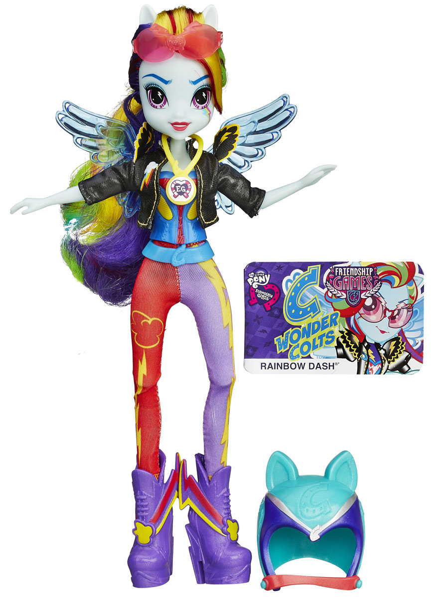 My Little Pony Equestria Girls Кукла Rainbow DashB1771EU4_3776_шлем бирюзовый/синий My Little Pony Equestria Girls Кукла Rainbow DashB1771EU4_3776_шлем бирюзовый/синийКуклы пони-девочки My Little Pony - это удивительные и очаровательные куклы из серии Equestria Girls, которых так давно ждали ценители маленьких пони. Пони-девочки стремятся произвести впечатление на окружающих своим внешним видом и модными нарядами. Кукла My Little Pony Equestria Girls. Rainbow Dash выглядит так, словно только что появилась прямиком из мультфильма. Кукла с длинными разноцветными волосами одета в синюю футболку, красно-фиолетовые штаны, черную курточку. На ногах куклы - высокие фиолетовые сапожки. В набор также входит шлем, карточка и ожерелье. Закодированное ожерелье можно отсканировать своим мобильным устройством и получить эту куклу в свою коллекцию в мобильном приложении. Ваша малышка с удовольствием будет играть с этой куклой, каждый раз придумывая новые истории. Порадуйте ее таким замечательным подарком!