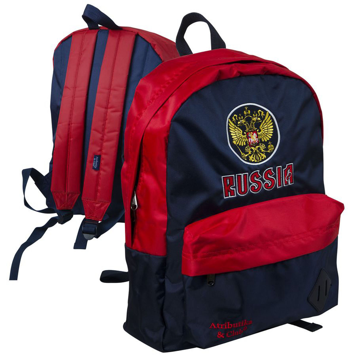 Рюкзак спортивный Россия, цвет: синий, красный. 1845818458 Рюкзак спортивный Россия, цвет: синий, красный. 1845818458Модель декорирована контрастной отделкой, имеет одно основное вместительное отделение и большой нашивной карман с застежками на молнии, а также два дополнительных кармана из плотной сетки. Уплотненная «спинка» обеспечивает комфортное анатомическое прилегание к спине, не стесняющее движений. Рюкзак оснащен удобными лямками с фиксаторами длины и пластиковой ручкой.