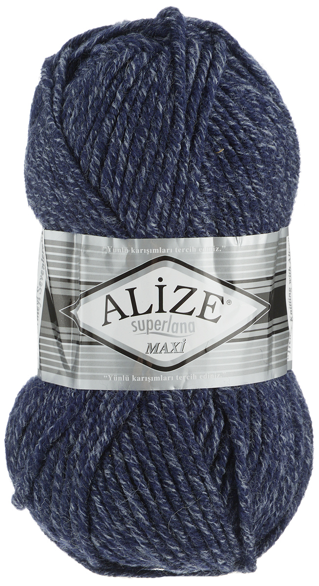 Пряжа для вязания AlizeSuperlana Maxi, цвет: темно-синий меланж (805), 100 м, 100 г, 5 шт364131_805 Пряжа для вязания AlizeSuperlana Maxi, цвет: темно-синий меланж (805), 100 м, 100 г, 5 шт364131_805Пряжа Alize Superlana Maxi обладает плотной скруткой (немного напоминает шнурок), при этом нить мягкая, чуть упругая. Благодаря составу и скрутке петли отлично ложатся одна к другой, вязаное полотно получается ровное и однородное. Пряжа с умеренным, недлинным ворсом, отлично ложится в узор и держит его. Мягкая, очень комфортная как для работы, так и для носки. В качестве моделей для вязки можно рекомендовать плотные вещи: пальто, осенние длинные кардиганы, пончо, болеро, мужские свитера. Рассчитана на любой уровень мастерства, но особенно понравится начинающим мастерицам - благодаря толстой нити пряжа Alize Superlana Maxi позволяет быстро связать простую вещь. Структура и состав пряжи максимально комфортны для вязания. Рекомендуемый размер спиц: № 8-10 мм. Состав: 75% акрил, 25% шерсть.
