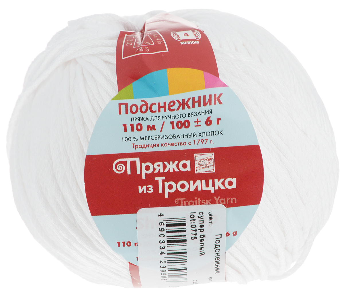 Пряжа для вязания Подснежник, цвет: супер белый (0236), 110 м, 100 г, 10 шт366132_0236 Пряжа для вязания Подснежник, цвет: супер белый (0236), 110 м, 100 г, 10 шт366132_0236Пряжа Подснежник, изготовленная из мерсеризованного хлопка, предназначена для ручного вязания. Толстая прочная пряжа плотно скручена из многих нитей. Изделия из этой пряжи не линяют и сохраняют после стирки не только цвет, но и форму. Подходит для вязания блузок, туник, платьев, болеро и другой летней повседневной и праздничной одежды. Состав: мерсеризованный хлопок. Рекомендуемые спицы: 4,5 мм.