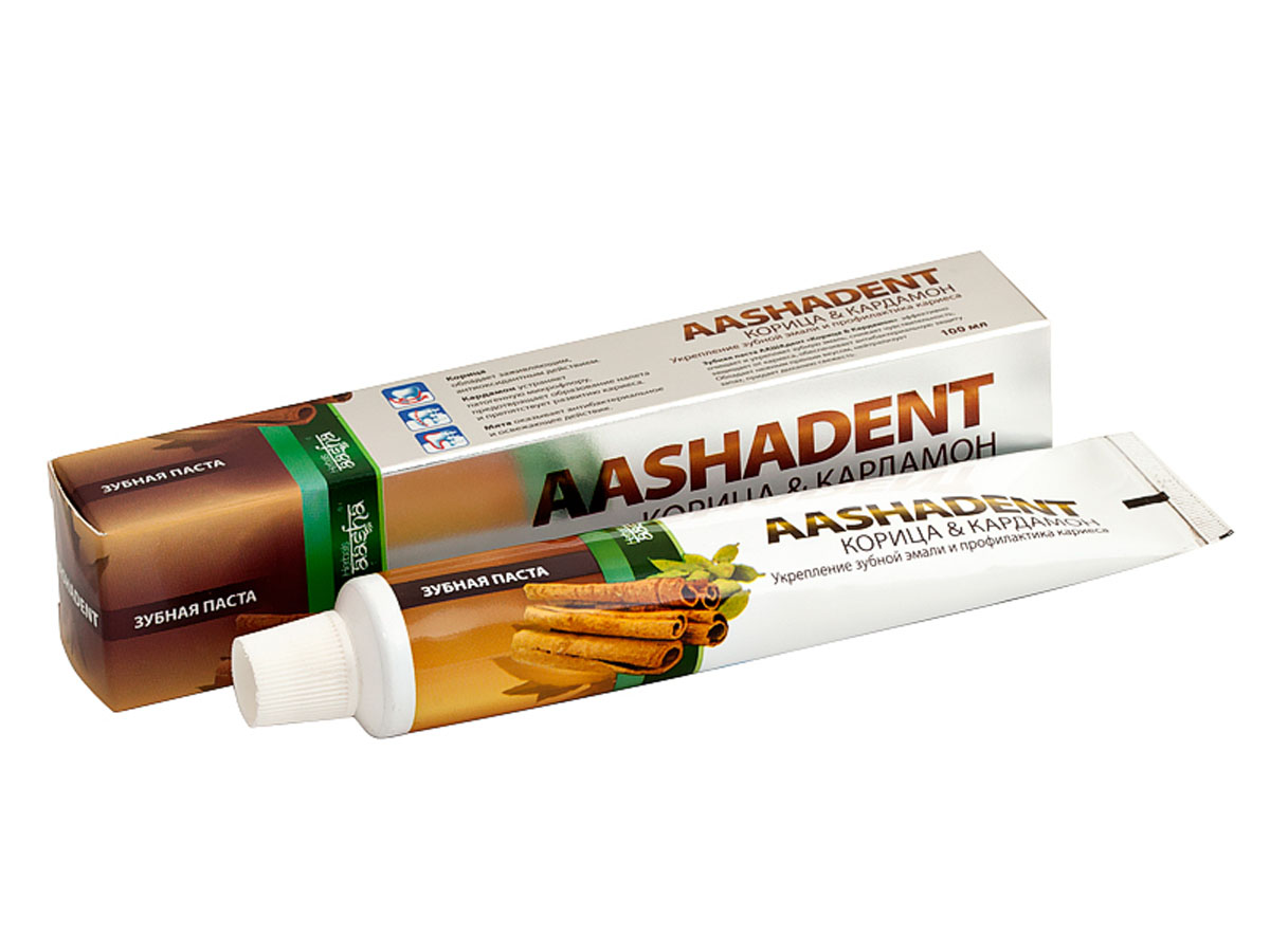 Aashadent Зубная паста Корица и Кардамон, 100 мл0841028005396 Aashadent Зубная паста Корица и Кардамон, 100 мл0841028005396Эффективно очищает зубную эмаль, снижает ее чувствительность, защищает от кариеса, обеспечивает антибактериальную защиту. Обладает нежным приятным вкусом, нейтрализует запахи, придает свежесть дыханию. Для чувствительной эмали зубов.