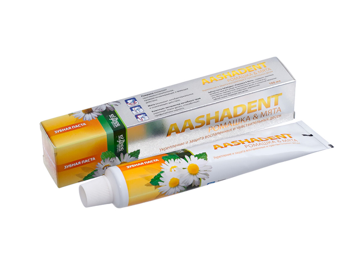 Aashadent Зубная паста Ромашка и Мята, 100 мл0841028005376 Aashadent Зубная паста Ромашка и Мята, 100 мл0841028005376Содержит комплекс лечебных трав для ухода за полостью рта при стоматитах, гингивитах, пародонтозе, воспалении десени и слизистой оболочки полости рта. Мягко очищает и способствует укреплению зубной эмали. Для нежных чувствительных десен.