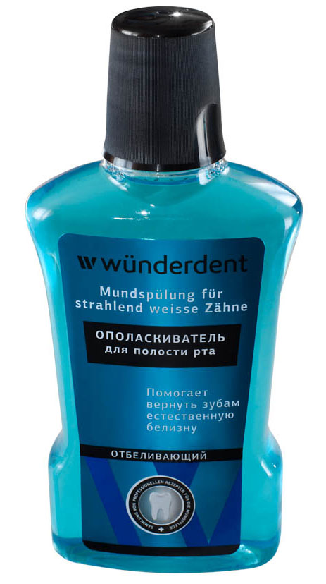 Wunderdent Ополаскиватель для полости рта отбеливающий, 295 млA094-520 Wunderdent Ополаскиватель для полости рта отбеливающий, 295 млA094-520Ополаскиватель для полости рта WUnderdent Отбеливающий - это лечебно-профилактическое средство для дополнительного ухода за полостью рта. Входящие в состав ополаскивателя активные ингредиенты помогут : - вернуть вашим зубам естественную белизну - очистить труднодоступные участки полости рта - cнизить скорость образования зубного налета - предотвратить окрашивание зубов - освежить дыхание. Активные ингредиенты: Poloxamer 407 способствует отторжению зубного налета с поверхности зубной эмали; натриевая соль лимонной кислоты помогает растворить пигментированный зубной налет, препятствует окрашиванию зубов; эфирное тимоловое масло оказывает противовоспалительное, антисептическое и ранозаживляющее действие; винтергриновое масло обладает вяжущим действием, способствует заживлению ранок и микротрещин в полости рта.