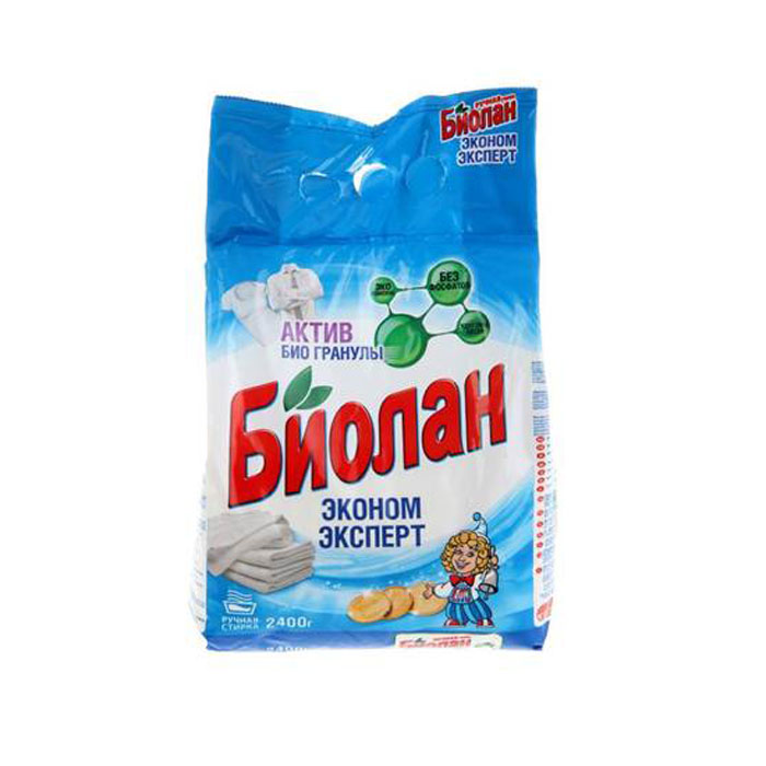 Стиральный порошок Биолан Эконом эксперт для стирки белых и светлых тканей, ручная стирка, 2,4 кг65-4 Стиральный порошок Биолан Эконом эксперт для стирки белых и светлых тканей, ручная стирка, 2,4 кг65-4Стиральный порошок Биолан Эконом эксперт предназначен для стирки и замачивания изделий из хлопчатобумажных, льняных, синтетических тканей, а также тканей из смешанных волокон. Не предназначен для стирки изделий из шерсти и натурального шелка. Также подходит для влажной уборки помещений и мытья загрязненных поверхностей из пластика и кафеля. Порошок имеет ненормируемое пенообразование. Благодаря активным биогранулам эффективно отстирывает загрязнения и очищает поверхности при влажной уборке. Экономит ваши средства, при этом не снижает качество отстирывания. Подходит для стиральных машин активаторного типа и ручной стирки.