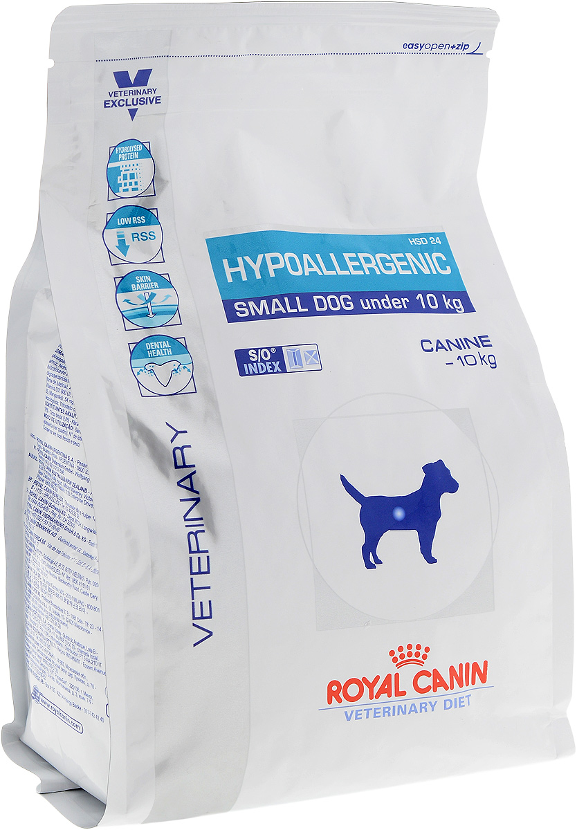 Корм сухой диетический Royal Canin Hypoallergenic HSD 24 для собак весом от 1 до 10 кг, при пищевой аллергии или непереносимости, 1 кг22316 Корм сухой диетический Royal Canin Hypoallergenic HSD 24 для собак весом от 1 до 10 кг, при пищевой аллергии или непереносимости, 1 кг22316Сухой корм Royal Canin Hypoallergenic HSD 24 - полноценный диетический рацион для взрослых собак маленьких размеров (вес взрослой собаки менее 10 кг, возраст от 10 месяцев), рекомендуемый при пищевой аллергии или пищевой непереносимости некоторых ингредиентов и нутриентов. Специально подобранные источники белков и углеводов. Показания к применению: Для взрослых собак весом менее 10 кг в следующих случаях: - исключающая диета; - аллергия алиментарной природы, проявляющаяся нарушениями со стороны кожного покрова или пищеварительного тракта; - пищевая непереносимость; - хроническое воспаление кишечника; - экзокринная недостаточность поджелудочной железы; - хроническая диарея; - пролиферация бактерий в тонком кишечнике. Противопоказания: - не имеется. Длительность курса применения: Если предполагается аллергия алиментарной природы или непереносимость корма, корм Royal Canin Hypoallergenic HSD 24...