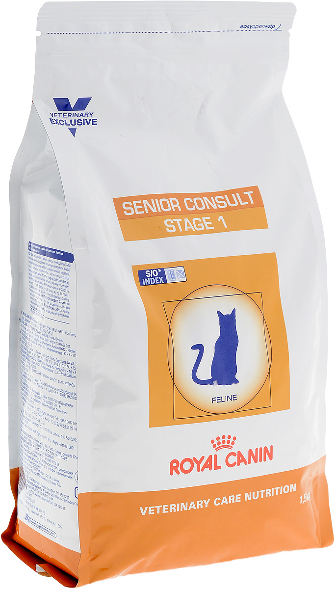 Корм сухой Royal Canin Senior Consult Stage 1 для кошек старше 7 лет, 1,5 кг45028 Корм сухой Royal Canin Senior Consult Stage 1 для кошек старше 7 лет, 1,5 кг45028Сухой корм Royal Canin Senior Consult Stage 1- полнорационный корм для взрослых кошек старше 7 лет. Показания: - Для котов и кошек старше 7 лет, не имеющих видимых признаков старения. - Продукт подходит как для кастрированных/стерилизованных, так и для некастрированных/нестерилизованных котов и кошек. Особенности: - Замедление процессов старения Комплекс антиоксидантов синергичного действия (витамин С, витамин Е, лютеин, таурин) снижает уровень окислительного стресса. Умеренное содержание фосфора позволяет поддерживать нормальную работу почек. Корм содержит белки, в которых представлены аминокислоты с разветвленными цепями, а также фосфатидилсерин. - Оптимальный уровень энергии Калорийность корма соответствует потребностям в энергии взрослого животного, имеющего нормальный или недостаточный вес (ниже либо равно 3 баллам по шкале упитанности кошек). - S/O Index Знак S/O Index на упаковке означает, что диета...