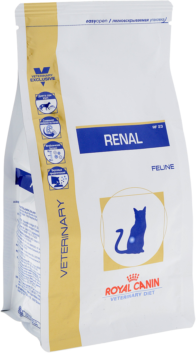 Корм сухой диетический Royal Canin Renal RF23 для кошек, при хронической почечной недостаточности, 500 г21996 Корм сухой диетический Royal Canin Renal RF23 для кошек, при хронической почечной недостаточности, 500 г21996Сухой диетический корм Royal Canin Renal RF23 предназначен для кошек при следующих показаниях: Хроническая почечная недостаточность (ХПН). Профилактика рецидивов образования камней оксалата кальция у кошек с ослабленной функцией почек. Профилактика рецидивов уролитиаза (уратов, цистинов), вызванных снижением уровня рН мочи. Противопоказания: Беременность, лактация. Длительность курса применения: Минимальный срок назначения диетотерапии составляет 6 месяцев. По истечении этого времени необходимо повторное общее обследование. Если повреждены 3/4 нефронов почек, болезнь приобретает необратимый характер, и диетотерапию назначают для применения в течение всей жизни кошки. Формула продуктов специально разработана для поддержания почечной функции при ХПН. Продукты отличаются низким содержанием фосфора, содержат комплекс антиоксидантов, жирные кислоты ЕРА и DHA. При ХПН почки теряют способность надлежащим образом...