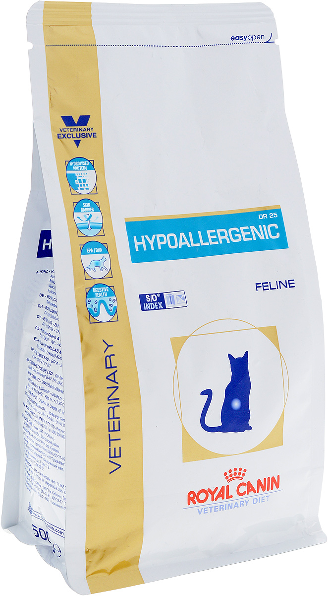 Корм сухой диетический Royal Canin Hypoallergenic DR25 для кошек, при пищевой аллергии или пищевой непереносимости, 500 г22262 Корм сухой диетический Royal Canin Hypoallergenic DR25 для кошек, при пищевой аллергии или пищевой непереносимости, 500 г22262Диетический сухой корм Royal Canin Hypoallergenic DR25 предназначен для кошек при следующих показаниях: Аллергия алиментарной природы, проявляющаяся нарушениями со стороны кожного покрова или пищеварительного тракта. Пищевая непереносимость. Хроническое воспаление кишечника. Хроническая диарея. Пролиферация бактерий в тонком кишечнике. Запоры (если нет реакции на клетчатку). Противопоказаний не имеется. Длительность курса применения: Если предполагается аллергия алиментарной природы или непереносимость корма, гипоаллергенное питание назначается для применения на протяжении всей жизни животного. Гидролизат соевого белка, состоящий из пептидов с низкой молекулярной массой, хорошо усваивается и не вызывает аллергии. Повышенное содержание биотина, ниацина и пантотеновой кислоты в сочетании с комплексом цинка и линолевой кислоты усиливает защитные функции кожи и предотвращает ее излишнюю сухость ...
