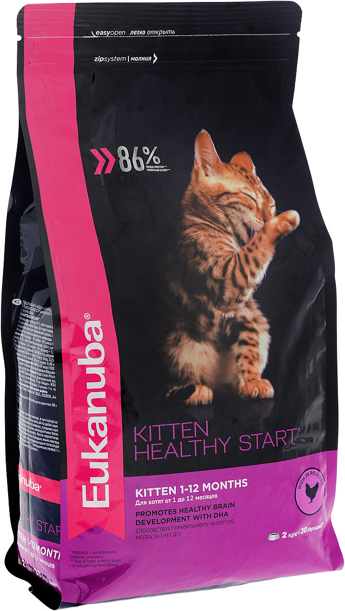 Корм сухой для котят Eukanuba Kitten Healthy Start, с домашней птицей, 2 кг10144103 Корм сухой для котят Eukanuba Kitten Healthy Start, с домашней птицей, 2 кг10144103Сухой корм Eukanuba Kitten Healthy Start - полнорационный сухой корм для котят от 1 до 12 месяцев и беременных или кормящих кошек. Корм Eukanuba для котят содержит докозагексаеновую кислоту, способствующую правильному развитию мозга котят. 100% сбалансированный корм, поддерживает здоровье котенка по ключевым признакам и обеспечивает здоровый рост. 1. ЗДОРОВЫЙ РОСТ Поддерживает здоровый рост организма за счет сбалансированного высококачественного питания. 2. НАДЕЖНАЯ ЗАЩИТА Способствует поддержанию иммунной системы за счет антиоксидантов. 3. ОПТИМАЛЬНОЕ ПИЩЕВАРЕНИЕ Способствует поддержанию здоровой кишечной микрофлоры за счет пребиотиков и клетчатки. 4. СИЛЬНЫЕ МЫШЦЫ Белки животного происхождения способствуют росту и сохранению мышечной массы. Содержит 86% животного белка (от общего уровня белка). 5. ЗДОРОВЬЕ КОЖИ И ШЕРСТИ Способствует сохранению здоровья кожи и блестящей шерсти, благодаря рыбьему жиру и оптимальному...
