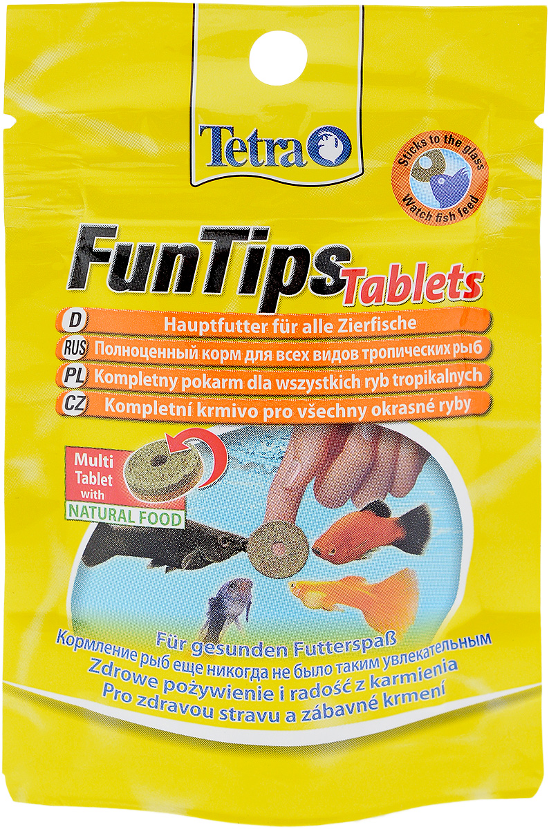 Корм Tetra FunTips Tablets для всех видов тропических рыб, 8 г, 20 таблеток254305 Корм Tetra FunTips Tablets для всех видов тропических рыб, 8 г, 20 таблеток254305Корм Tetra FunTips Tablets - это полноценный корм для всех видов тропических рыб, состоящий из хлопьев и сублимированных микроорганизмов и спрессованный в виде таблеток. Корм уникален тем, что может быть приклеен к аквариумному стеклу. Таблетки прикрепляются к стеклу, что предоставляет хозяину аквариума возможность наблюдать за рыбками в период кормления. Применение: кормить несколько раз в день маленькими порциями. Состав: молоко и молочные продукты, моллюски и ракообразные (в том числе дафния 9,5%, артемия 6%, гаммарус 4,5%, ракообразные 2%), рыба и побочные рыбные продукты, растительные экстракты белка, зерновые, дрожжи, водоросли (спирулина 1,8%), масла и жиры, сахар, минеральные вещества. Товар сертифицирован.