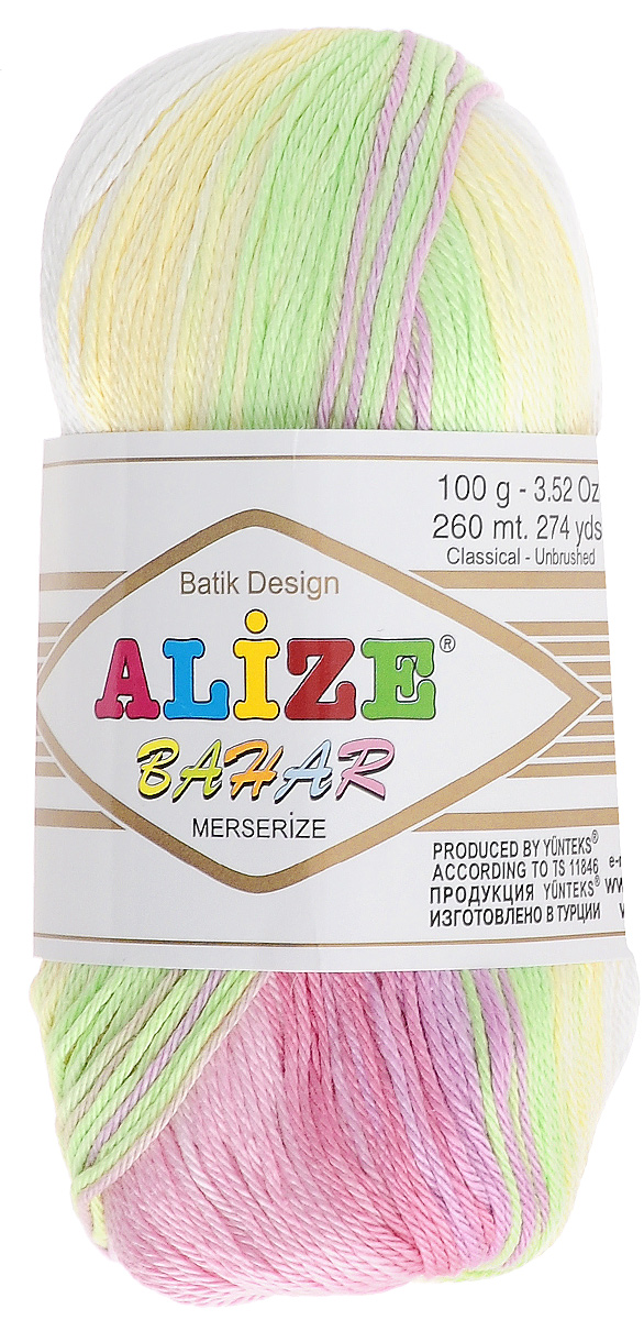 Пряжа для вязания Alize Bahar Batik, цвет: белый, желтый, розовый (1822), 260 м, 100 г, 5 шт364090_1822 Пряжа для вязания Alize Bahar Batik, цвет: белый, желтый, розовый (1822), 260 м, 100 г, 5 шт364090_1822Пряжа Alize Bahar Batik подходит для ручного вязания детям и взрослым. Пряжа секционного крашения, мягкая и приятная на ощупь, хорошо лежит в полотне. Мягкая и красивая нить в процессе вязания превращается в оригинальный узор. Рекомендованные спицы 3-5 мм и крючок для вязания 2-4 мм. Комплектация: 5 мотков. Состав: 100% хлопок.