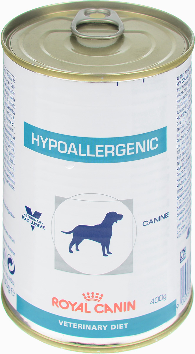 Консервы для собак Royal Canin Hypoallergenic, при пищевой аллергии и непереносимости, 400 г44903 Консервы для собак Royal Canin Hypoallergenic, при пищевой аллергии и непереносимости, 400 г44903Royal Canin Hypoallergenic - полнорационный диетический корм для собак, применяемый при пищевой аллергии или непереносимости некоторых ингредиентов и нутриентов. Специально подобранные источники белков и углеводов. Показания: - исключающая диета; - аллергия алиментарной природы, проявляющаяся нарушениями со стороны кожного покрова и/или пищеварительного тракта; - пищевая непереносимость; - хроническое воспаление кишечника; - экзокринная недостаточность поджелудочной железы; - хроническая диарея; - пролиферация бактерий в тонком кишечнике. Противопоказания: - беременность, лактация, рост. Гидролизат соевого белка, состоящий из пептидов с небольшой молекулярной массой, обладает высокой усвояемостью и гипоаллергенным действием. Сочетание инозитола, пантотеновой кислоты, ниацина, холина, гистидина усиливает защитные функции кожи и предотвращает ее излишнюю сухость. Комплекс антиоксидантов...