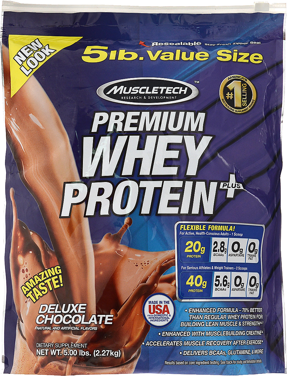Протеин MuscleTech Whey Plus, шоколад, 2,27 кгM2842 Протеин MuscleTech Whey Plus, шоколад, 2,27 кгM2842MuscleTech Whey Plus- сывороточный протеин высочайшего качества. Данный протеин разработан специально для бодибилдинга, фитнеса и других видов спорта, где спортсмены нуждаются в повышенном количестве чистого, легкоусвояемого белка с высокой биологической ценностью. В состав, помимо чистых сывороточных протеинов (сывороточный изолят + сывороточный концентрат + сывороточный гидролизат), входят креатин + BCAA (L-лейцин, L-изолейцин, L-валин) + L-глютамин. Не содержит транс-жиров и аспартама. Состав: концентрат сывороточного протеина, изолят сывороточного протеина, гидролизованный концентрат сывороточного протеина, мальтодекстрин, креатин моногидрат, L-глутамин, какао-порошок, глицин, натуральные и искусственные ароматизаторы, целлюлозная камедь, ксантановая камедь, каррагенан, соль, соевый лецитин, сукралоза, ацесульфам калия. Питательная ценность (на порцию 32 г): белки 20 г, углеводы 9 г (из них сахар 2 г), жиры 1 г, кальций 80 мг, натрий 55 мг. ...