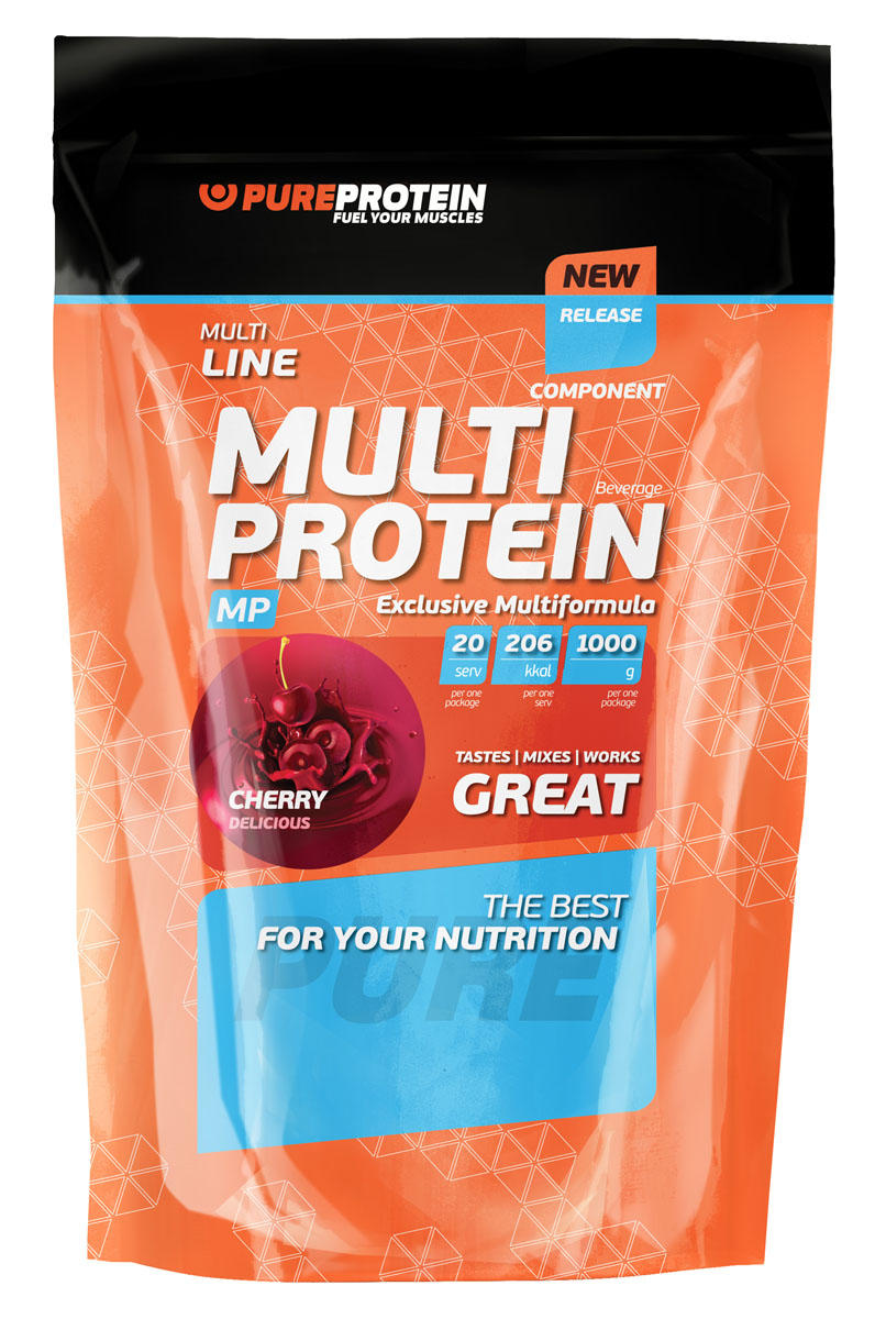 Протеин многосоставной PureProtein Multi Line, вишневое наслаждение, 1000 г3610156 Протеин многосоставной PureProtein Multi Line, вишневое наслаждение, 1000 г3610156Мультикомпонентный протеин (Multicomponent protein), выпускаемый компанией Pureprotein, в качестве источника протеинов использует смесь животных белков (яичный белок, белок молочной сыворотки, казеин), а также углеводы (фруктоза, глюкоза). В составе используются 60% концентрата сывороточного белка, 20% концентрата молочного белка, 20% сухого яичного белка. Суммарное количество белка в 1 порции продукта составляет 35 г, что соответствует 29,9% рекомендуемой для спортсменов суточной нормы потребления. Ингредиенты: Белковая основа: (концентрат сывороточного белка - 60,0%, концентрат молочного белка - 20%, яичный белок - 20,0%), фруктоза, декстроза, алкализованное какао порошок (только для вкусов Шоколадный пломбир, Двойной шоколад Шоколадное печенье, Вишневое наслаждение, Мокачинно), кофе растворимый порошковый (только для вкуса Мокачинно), соевый лецитин (эмульгатор), ароматизаторы, ксантановая камедь (эмульгатор), сукралоза (подсластитель), пищевой краситель...