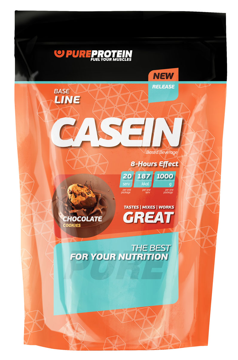 Протеин PureProtein Base Line, шоколадное печенье, 1000 г3610203 Протеин PureProtein Base Line, шоколадное печенье, 1000 г3610203В Casein Protein (Натуральный вкус), выпускаемый компанией Pureprotein, в качестве источника протеинов используется 90% казеин, а также клетчатка и зародыши пшеницы. Суммарное количество белка в 1 порции продукта составляет 76,5 г, что соответствует 45,8% рекомендуемой для спортсменов суточной нормы потребления. В чем преимущества использования чистого казеина? Во-первых, благодаря длительному и равномерному всасыванию (до 5-8 часов) - возможность обеспечить организм практически полным набором заменимых и незаменимых аминокислот и предотвратить разрушение мышц (катаболизм) в тот период, когда появляются «пробелы» в поступлении питательных веществ. Например – ночью, в послетренировочном периоде или в период сушки. Во-вторых, он обладает отличной способностью устранять чувство голода благодаря своим свойствам разбухать в желудке и вызывать чувство сытости. В-третьих, по общей эффективности казеин превышает все растительные белки. Ингредиенты: мицеллярный казеин, клетчатка...