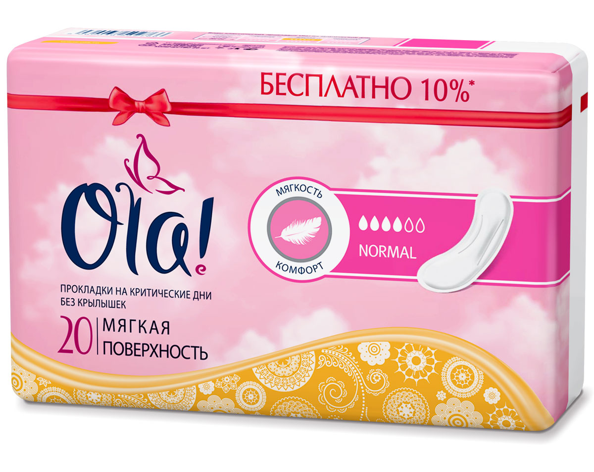 Ola! CLASSIC Прокладки, 20 шт21172 Ola! CLASSIC Прокладки, 20 шт21172OLA! CLASSIC МЯГКАЯ ПОВЕРХНОСТЬ БЕЗ КРЫЛЫШЕК Прокладки без крылышек для нормальных выделений. Мягкая, как перышко поверхность создает ощущение комфорта. Увеличенная площадь впитывающего слоя обеспечивает большую впитываемость прокладки. Большая площадь клеевой основы обеспечивает надежную фиксацию к белью. Упаковка 20 шт.